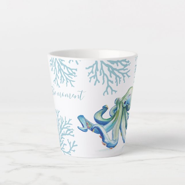 Witty Blue Watercolor Octopus Coastal Latte Mug (Front)