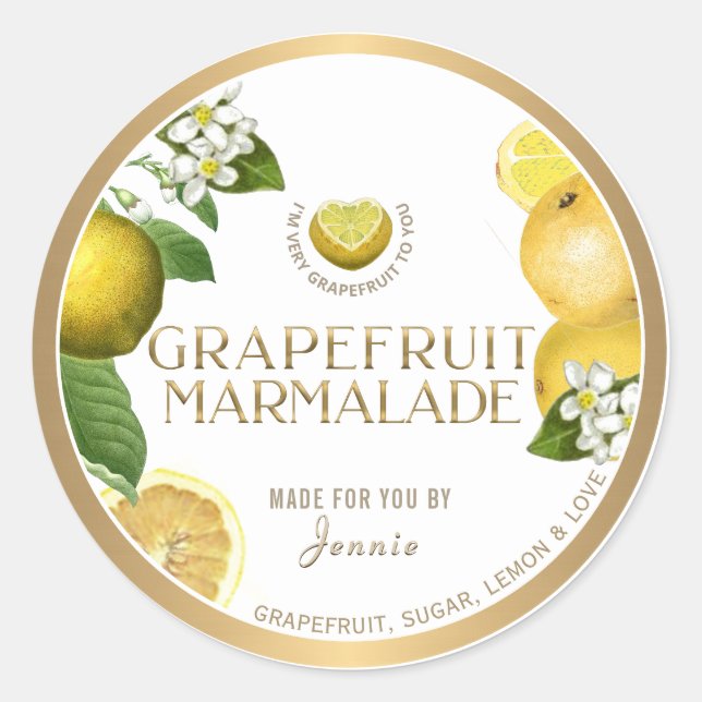 Witty Logo Design Elegant Grapefruit Marmalade Classic Round Sticker (Front)