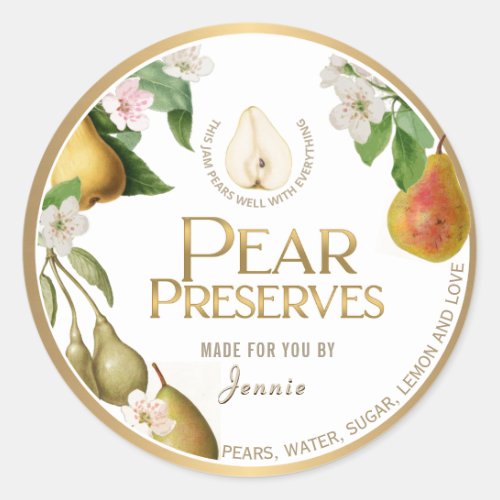 Witty Logo Design Elegant Pear Preserves or Jam Classic Round Sticker