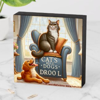 Witty Phrase 'Cats Rule, Dogs Drool' Wooden Box Sign
