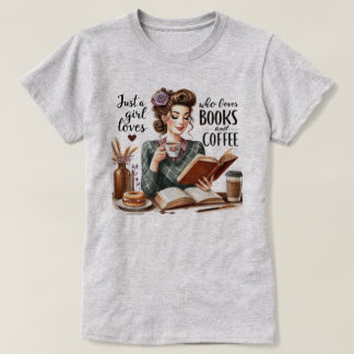 Witty Retro Girl T-Shirt – Girl Books and Coffee