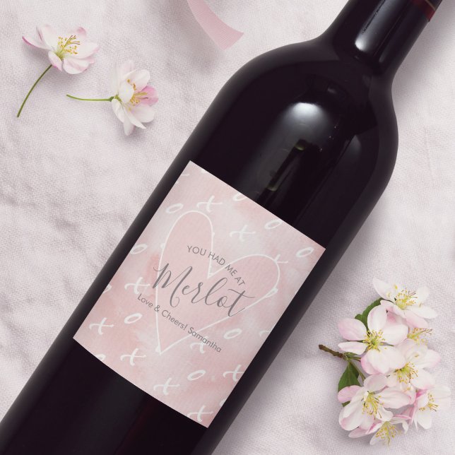 Witty Valentine's Day Wine Gifts Label (Valentines gift ideas for her unique heart and xo design on a pink watercolor background)