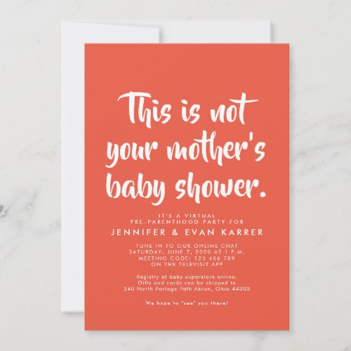 Witty virtual baby shower invitation in coral