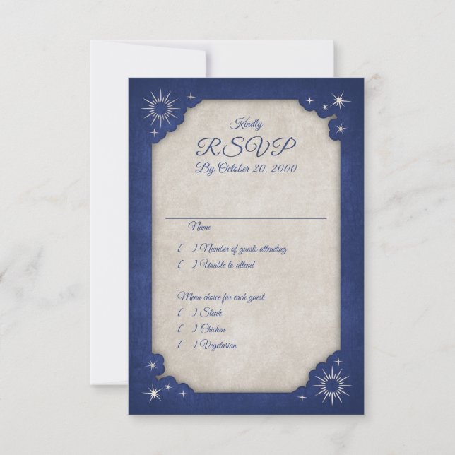 Wizard Blue Stars Owl Magic Wedding RSVP Card (Front)