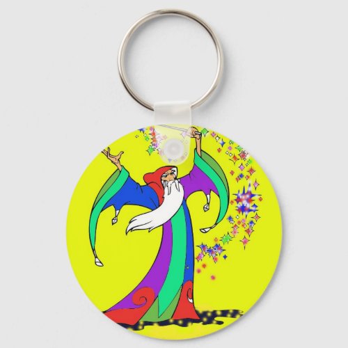 Wizard casting colorful magic spells with wand keychain