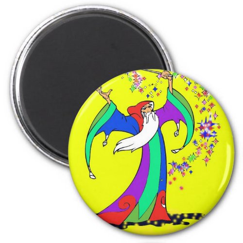 Wizard casting colorful magic spells with wand magnet
