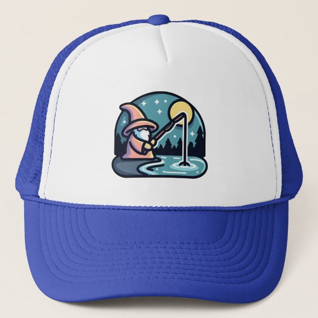 Wizard Casting Fishing Spell - Funny Pun Trucker Hat (Front)
