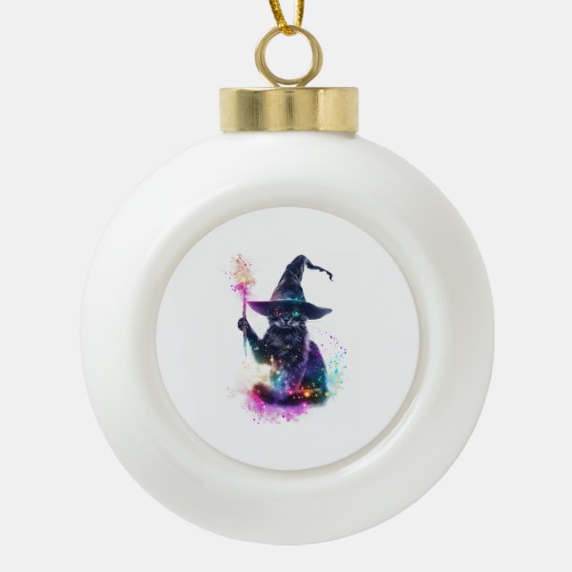 Wizard Cat Magic Ceramic Ball Christmas Ornament (Front)