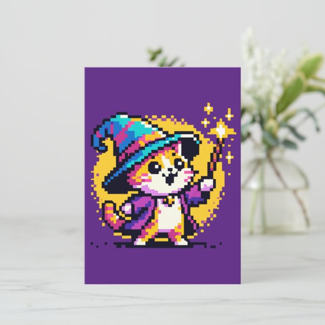 Wizard Cat - Magical Pixel Art Fantasy Design Holiday Card (Standing Front)