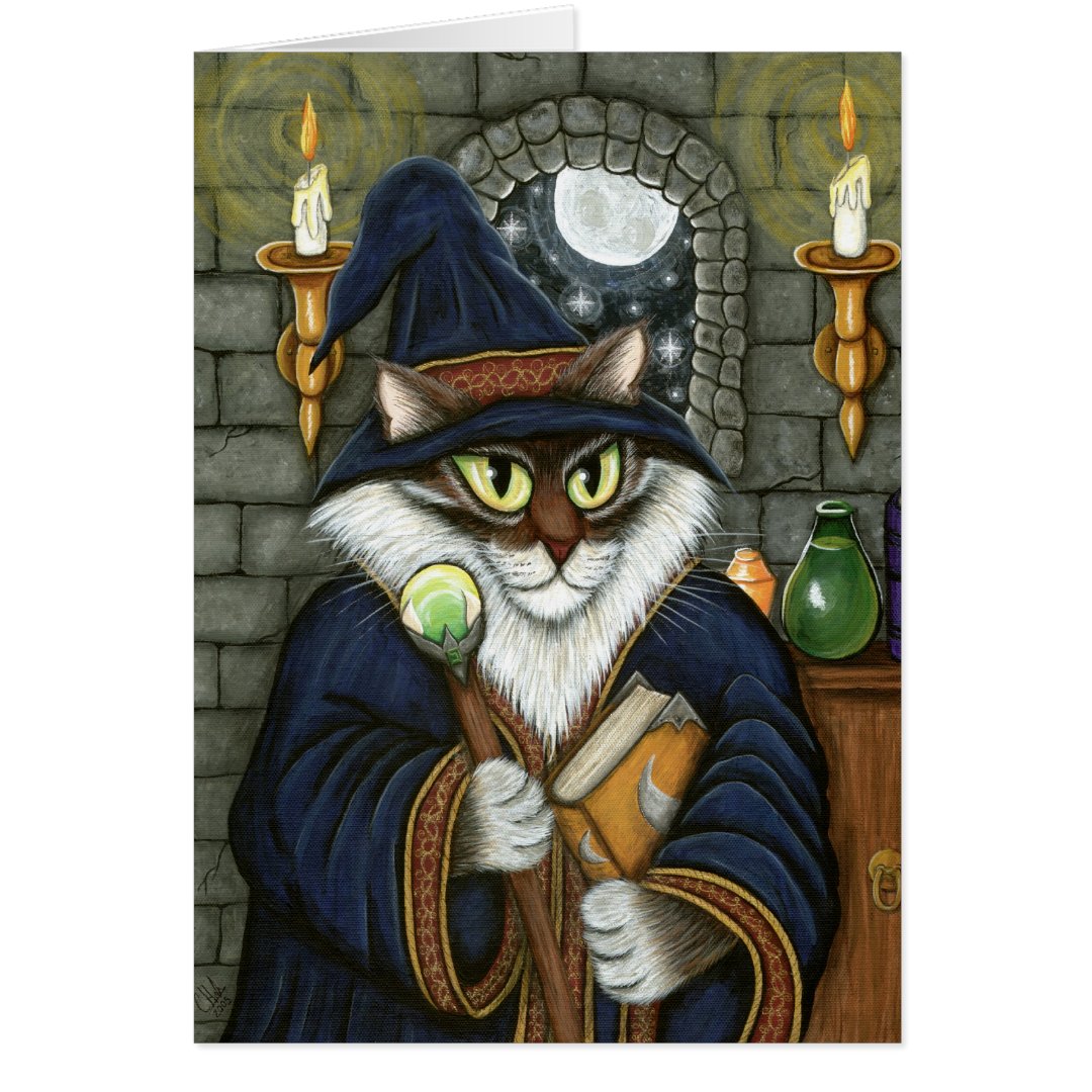 Wizard Cat Merlin Magician Magic Fantasy Art Card (Front)