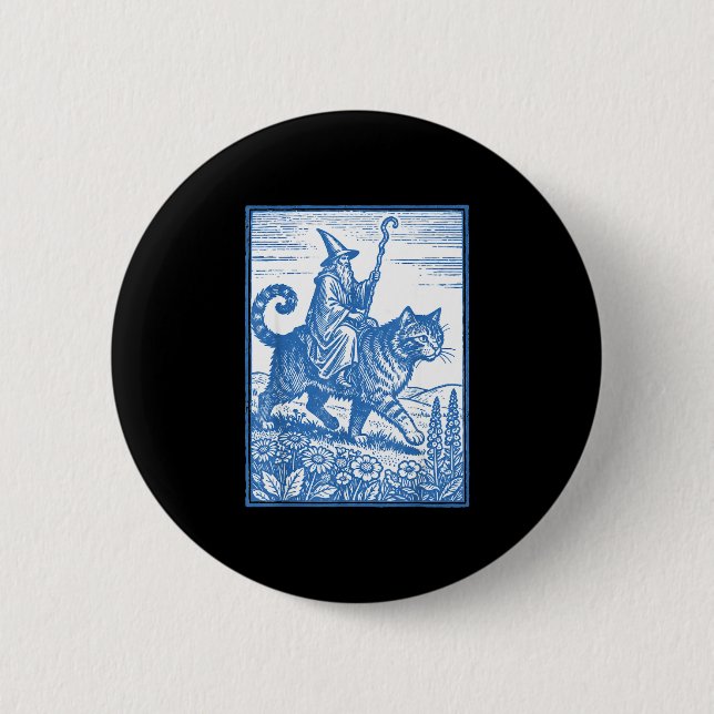 Wizard cat rider funny cute meme  button (Front)