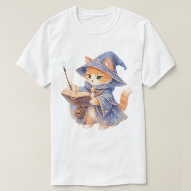 Wizard Cat with a Spellbook T-Shirt (Design Front)