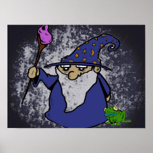 Wizard & Frog B&W Background Poster