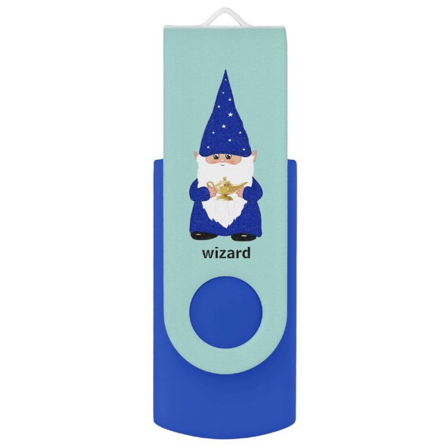 Wizard gnome  on light blue flash drive (Front Vertical)