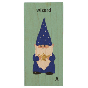 Wizard gnome on light blue wood flash drive