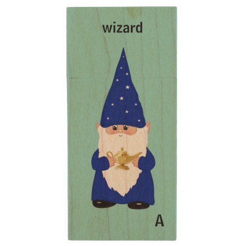 Wizard gnome  on light blue wood flash drive