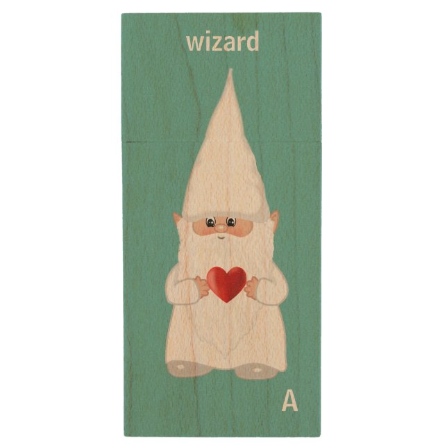 Wizard gnome  on light teal blue wood flash drive (Front Vertical)