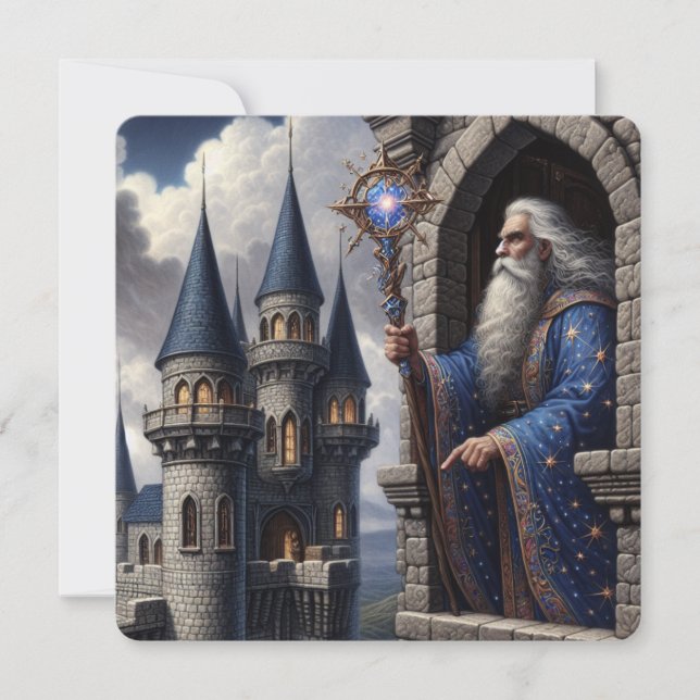 Wizard In Castle Tower Holiday Card (Front)