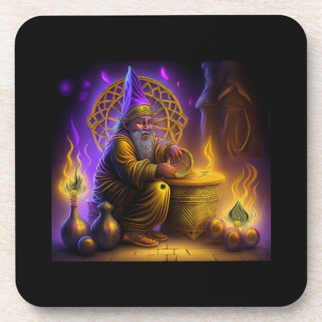 Wizard Is Seated At Table Conjuring A Spell Beverage Coaster (Front)