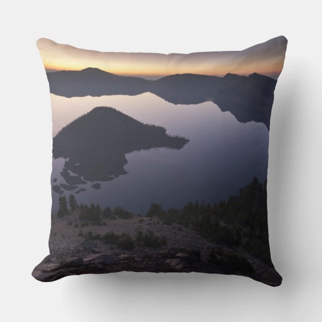 Wizard Island at dawn, Crater Lake National Park Throw Pillow (Front)