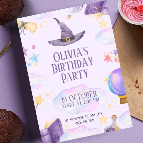 Wizard Magical Girls Purple Birthday Party Invita Invitation