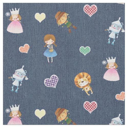 Wizard of Oz and Gingham Hearts on Blue Denim Fabric