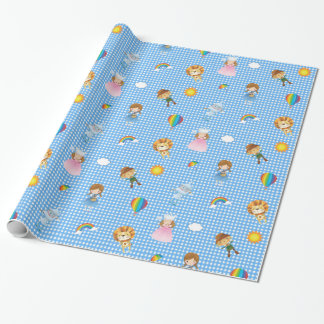 Wizard of Oz Characters on Blue and White Gingham Wrapping Paper