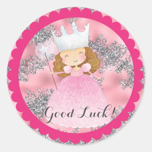 Wizard of Oz Good Witch on Pink Silver Glitter Classic Round Sticker
