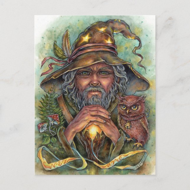 Wizard Postcard Forest Fantasy Magical Owl  (Front)
