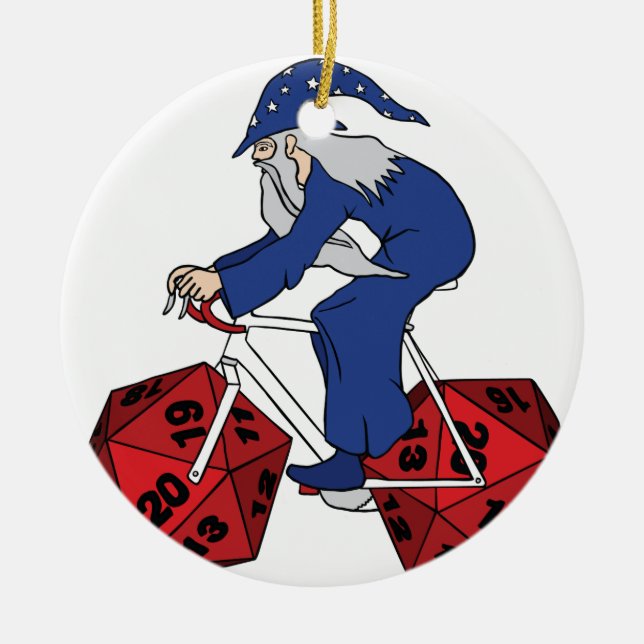 Wizard Riding Bike With 20 Sided Dice Wheels Ceramic Ornament (Front)