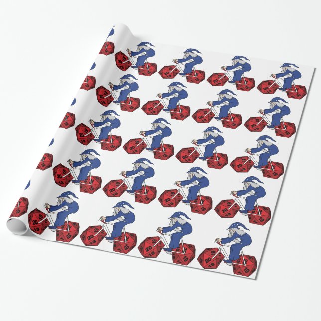 Wizard Riding Bike With 20 Sided Dice Wheels Wrapping Paper (Unrolled)