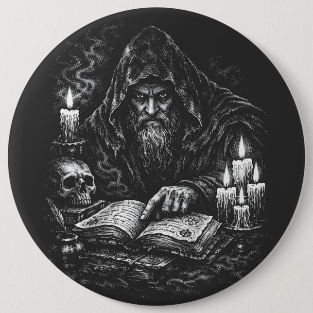 Wizard Studying the Grimoire — by BurnsInHell Button (Front)