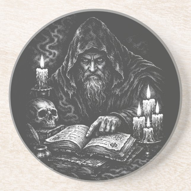 Wizard Studying the Grimoire — by BurnsInHell Coaster (Front)