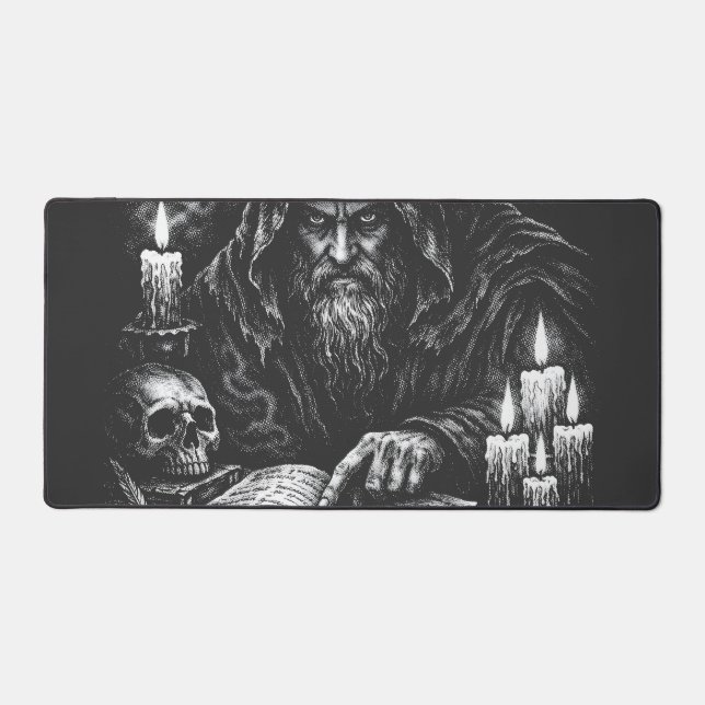 Wizard Studying the Grimoire — by BurnsInHell Desk Mat (Front)