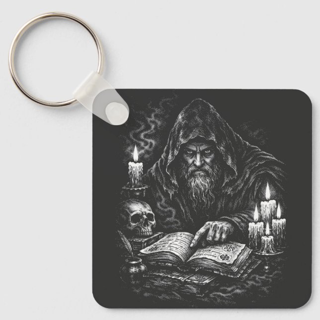 Wizard Studying the Grimoire — by BurnsInHell Keychain (Front)