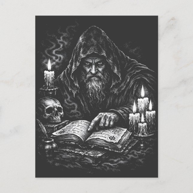 Wizard Studying the Grimoire — by BurnsInHell Postcard (Front)