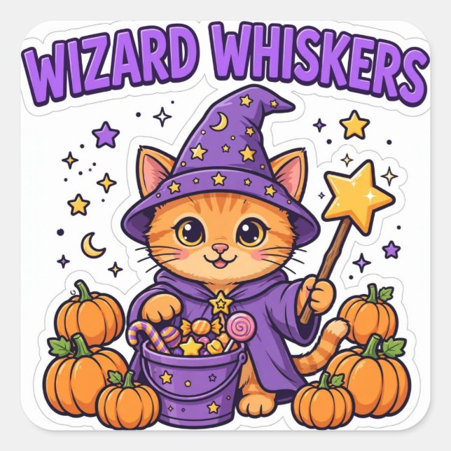Wizard Whiskers Sticker — Orange Kitten Wizard Hat (Front)