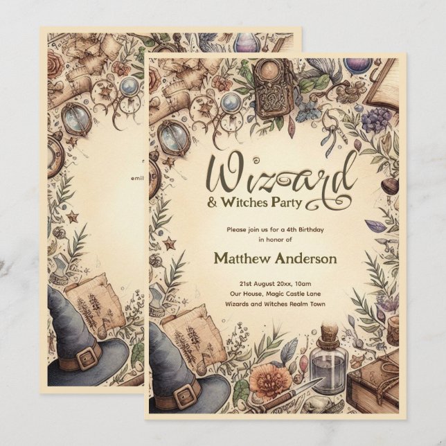 Wizard Witches Party Magical Vintage Wands Hats Invitation (Front/Back)