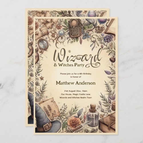 Wizard Witches Party Magical Vintage Wands Hats Invitation