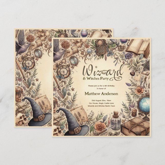 Wizard Witches Party Magical Vintage Wands Hats Invitation (Front/Back)