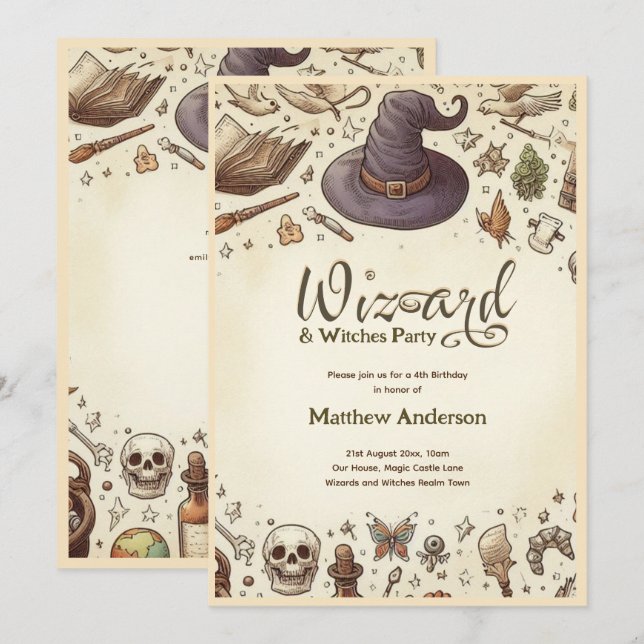 Wizard Witches Party Magical Wands Hats Vintage Invitation (Front/Back)