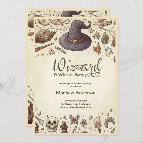 Wizard Witches Party Magical Wands Hats Vintage Invitation