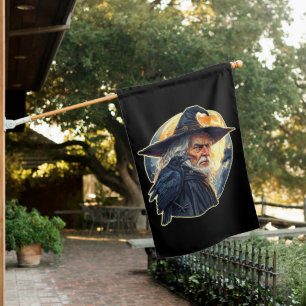 Wizard with a Raven - Halloween Fan Fun 2 House Flag