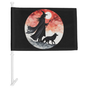Wizard with a Wolf - Halloween Fan Fun 2 Car Flag