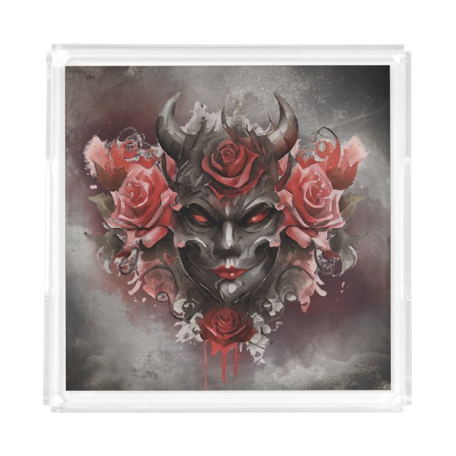 Wizardry | Dark Horned Demon with Glowing Red Eyes Acrylic Tray (Front)