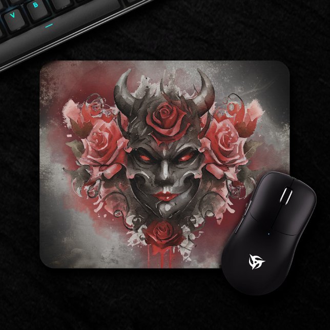 Wizardry | Dark Horned Demon with Glowing Red Eyes Mouse Pad (Creator Uploaded)