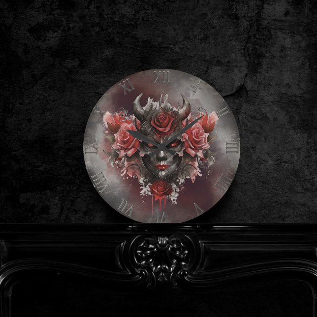 Wizardry | Dark Horned Demon with Glowing Red Eyes Round Clock (Creator Uploaded)