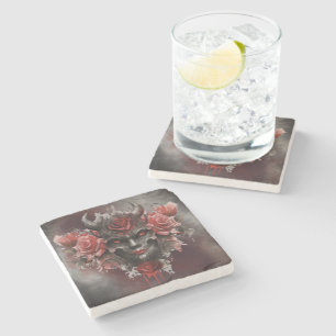 Wizardry   Dark Horned Demon with Glowing Red Eyes Stone Coaster