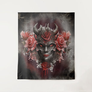 Wizardry   Dark Horned Demon with Glowing Red Eyes Tapestry