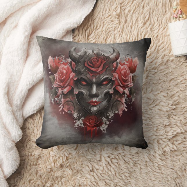 Wizardry | Dark Horned Demon with Glowing Red Eyes Throw Pillow (Blanket)
